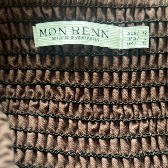 Mon Renn Brown Cream Embroidered Smock Back Midi Sundress Pockets US Large - Picture 10 of 14